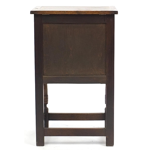 851 - Carved Ipswich oak side cabinet with hinged top and drop down front, 75cm H x 46.5cm W x 36cm D