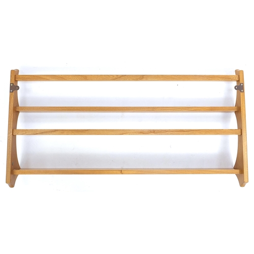 875 - Ercol light elm wall hanging plate rack, 50cm H x 97cm W x 13cm D