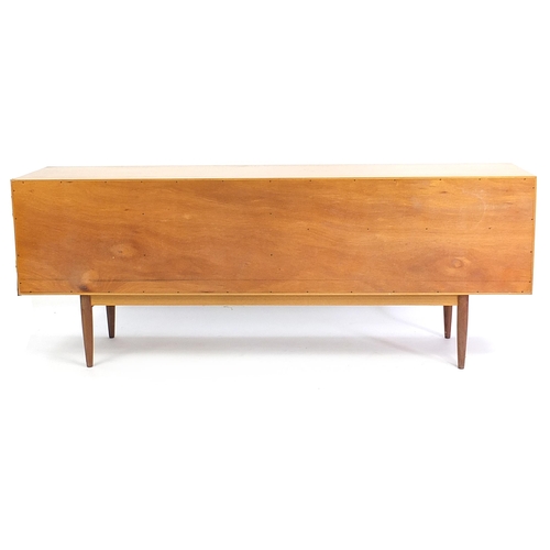 799 - Mid century teak sideboard with pair of cupboard doors, four drawers and drop down door, 79cm H x 20... 