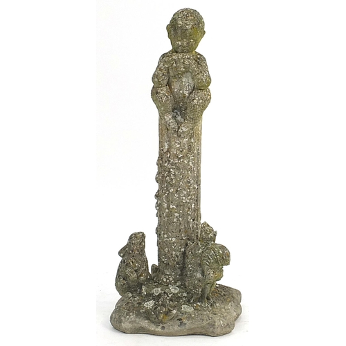 891 - Garden stoneware figure of a faun sitting on a column, 84cm high