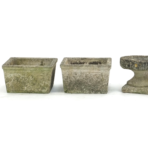 888 - Pair of garden stoneware planters and two birdbaths, the largest 35cm high