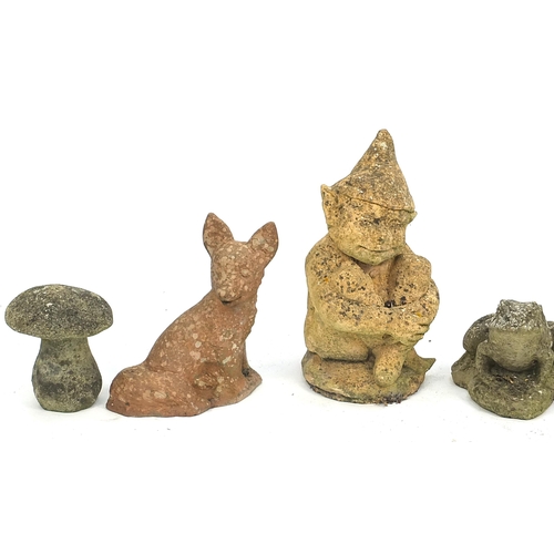 889 - Garden stoneware figures and animals including a shell shaped birdbath, the largest 50cm wide