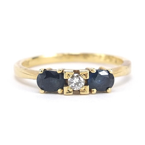 1852 - 18ct gold diamond and sapphire three stone ring, size L, 2.3g