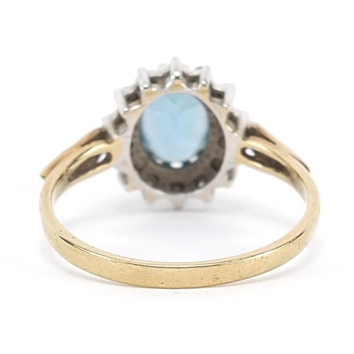 1919 - 9ct gold diamond and blue stone ring with pierced shoulders, possibly aquamarine, size P, 2.3g