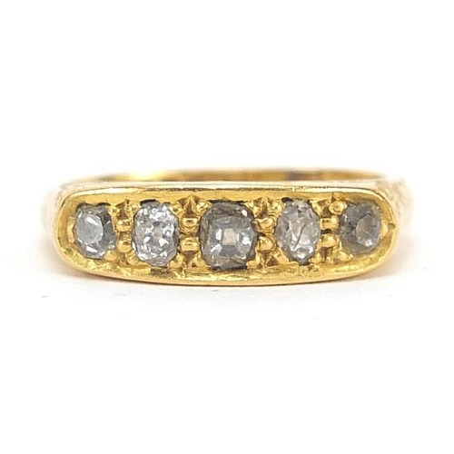 1678 - 22ct gold graduated diamond five stone ring, size J, 5.5g