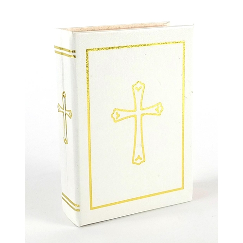 1980 - 9ct gold crucifix pendant on a 9ct gold necklace housed in a bible design box, 2.5cm high and 40cm i... 