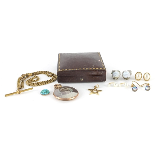 2099 - Antique and later jewellery including 9ct gold open locket, watch chain with T bar and earrings with... 