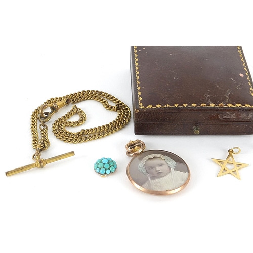 2099 - Antique and later jewellery including 9ct gold open locket, watch chain with T bar and earrings with... 