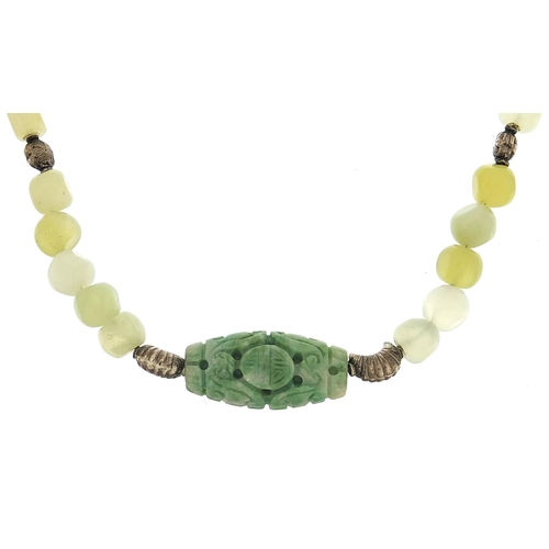 2043 - Chinese green jade bead necklace with silver clasp, 42cm in length, 55.5g