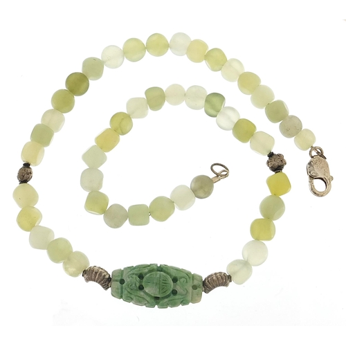 2043 - Chinese green jade bead necklace with silver clasp, 42cm in length, 55.5g