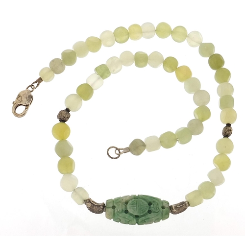 2043 - Chinese green jade bead necklace with silver clasp, 42cm in length, 55.5g