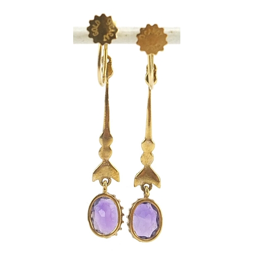 1644 - Pair of 9ct gold amethyst and seed pearl drop earrings with screw backs, 4.3cm high, 2.9g