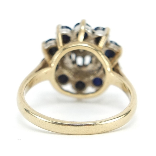 1716 - 9ct gold sapphire and diamond flower head ring, size P/Q, 4.5g