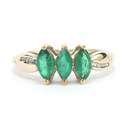 1753 - 9ct gold green stone ring, possibly emerald with diamond set shoulders, size R/S, 2.2g