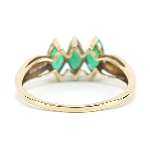 1753 - 9ct gold green stone ring, possibly emerald with diamond set shoulders, size R/S, 2.2g