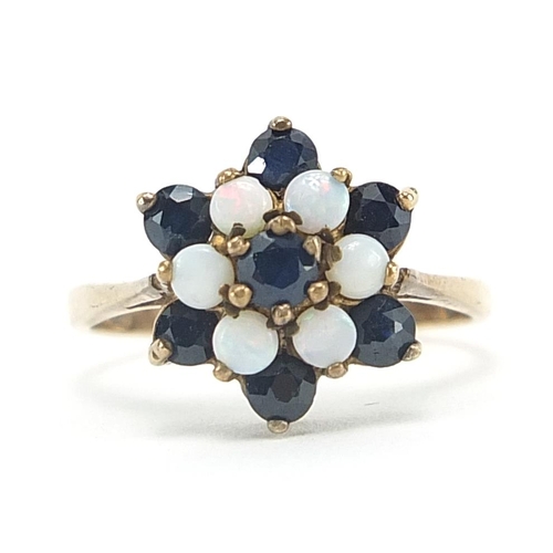 1864 - 9ct gold sapphire and opal flower head ring, size K/L, 2.5g