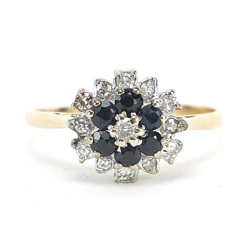 1693 - 9ct gold sapphire and diamond three tier cluster ring, size T, 2.7g