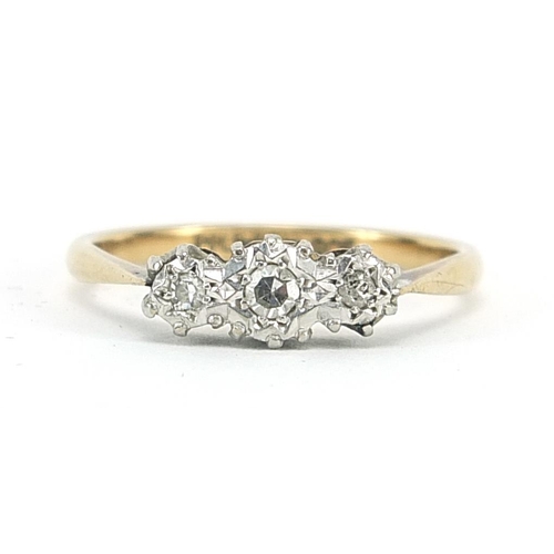 1702 - 9ct gold and platinum diamond three stone ring, size N, 2.1g