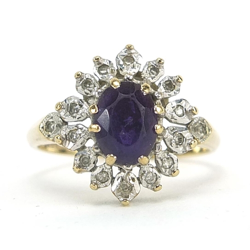 1871 - 9ct gold amethyst and diamond cluster ring, size L, 2.8g