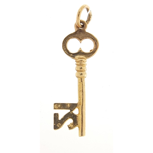 1995 - 9ct gold '21' key charm, 2.4cm in length, 0.9g