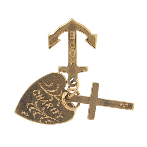 1985 - 9ct gold faith, hope and charity charm, 1.9cm high, 1.8g