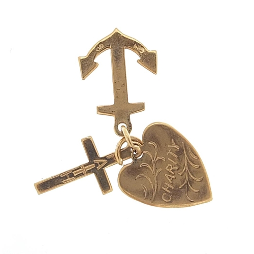 1985 - 9ct gold faith, hope and charity charm, 1.9cm high, 1.8g