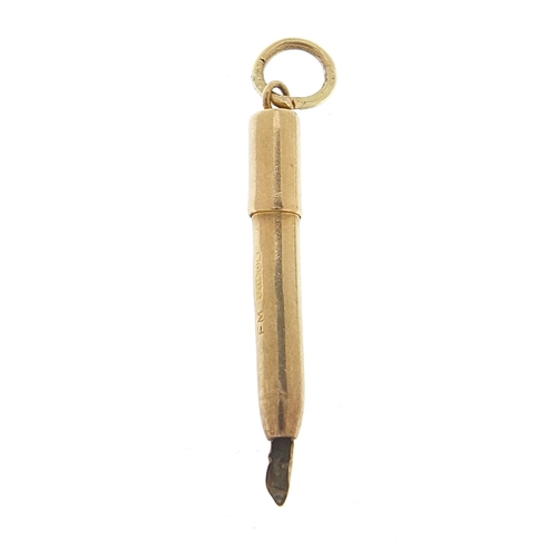 1912 - 9ct gold fountain pen charm, 3.0cm high, 0.9g