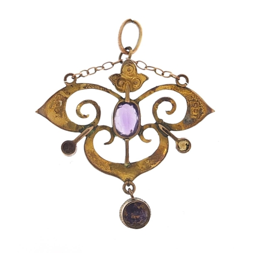 1763 - Art Nouveau 9ct gold amethyst and seed pearl pendant, 4.0cm high, 1.9g