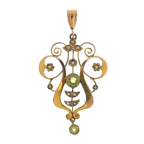 1683 - Art Nouveau 9ct gold peridot and seed pearl drop pendant, 4.7cm high, 2.3g