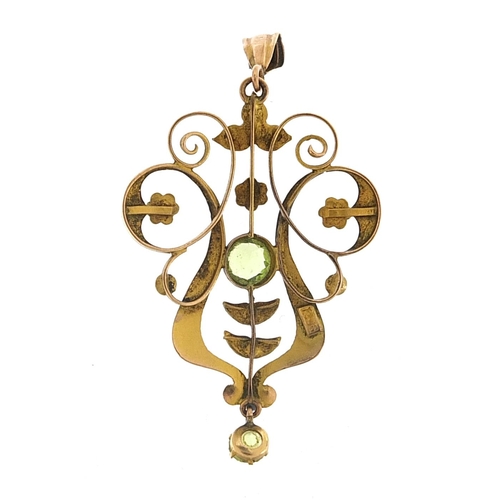 1683 - Art Nouveau 9ct gold peridot and seed pearl drop pendant, 4.7cm high, 2.3g