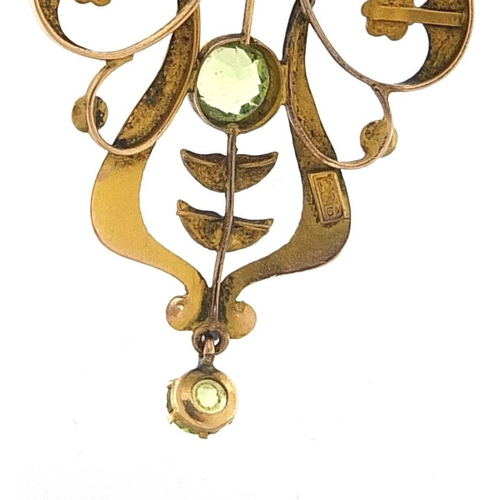 1683 - Art Nouveau 9ct gold peridot and seed pearl drop pendant, 4.7cm high, 2.3g