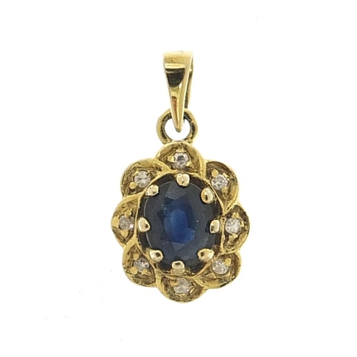 2052 - 9ct gold sapphire and diamond cluster pendant, 1.8cm high, 1.2g