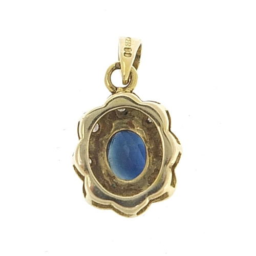 2052 - 9ct gold sapphire and diamond cluster pendant, 1.8cm high, 1.2g