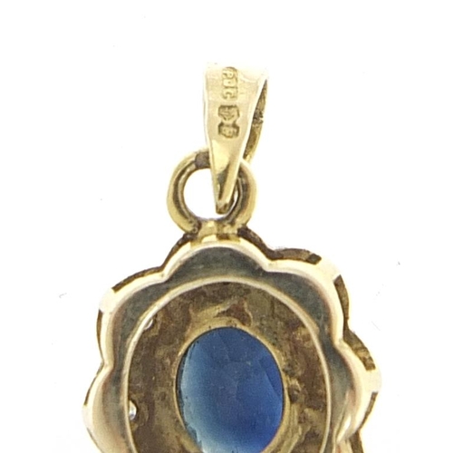 2052 - 9ct gold sapphire and diamond cluster pendant, 1.8cm high, 1.2g