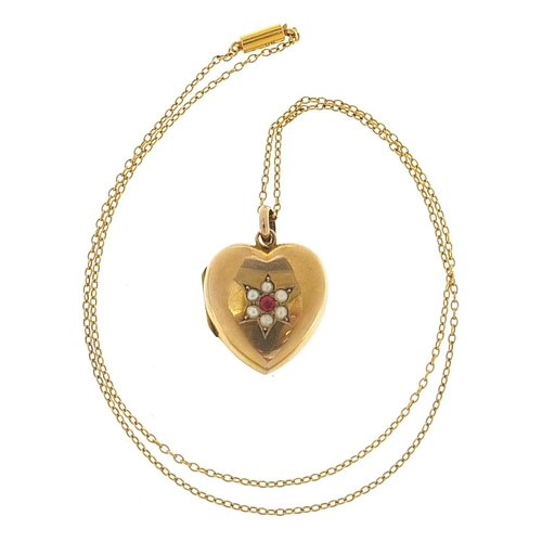 1827 - Yellow metal love heart locket set with a pink stone and pearls on a 9ct gold necklace, 2.5cm high a... 