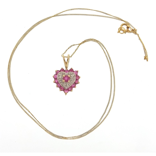 1823 - 9ct gold ruby and diamond love heart pendant on a 9ct gold necklace, 1.6cm high and 40cm in length, ... 