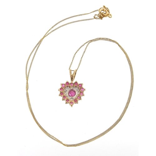 1823 - 9ct gold ruby and diamond love heart pendant on a 9ct gold necklace, 1.6cm high and 40cm in length, ... 