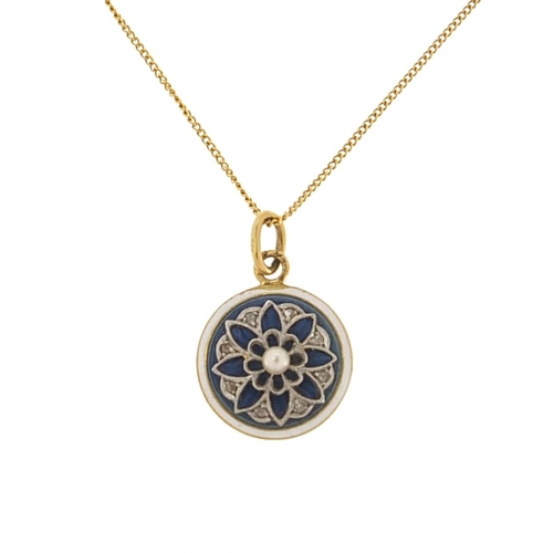 1646 - 15ct gold white sapphire, pearl and enamel flower head pendant on a 9ct gold necklace, 2.2cm high an... 