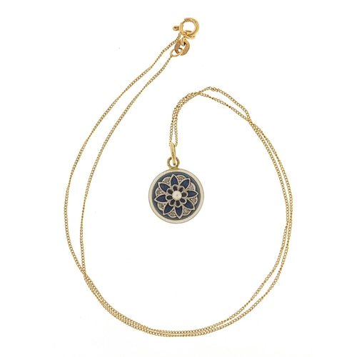 1646 - 15ct gold white sapphire, pearl and enamel flower head pendant on a 9ct gold necklace, 2.2cm high an... 