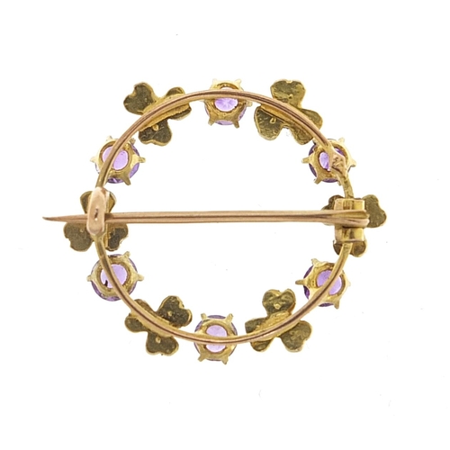 1961 - 9ct gold seed pearl and amethyst wreath brooch housed in an F B Thomas & Co box, 2.2cm in diameter, ... 