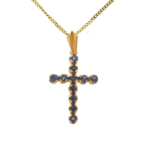 1700 - 9ct gold sapphire cross pendant on 9ct gold curb link necklace, 3.0cm high and 45cm in length