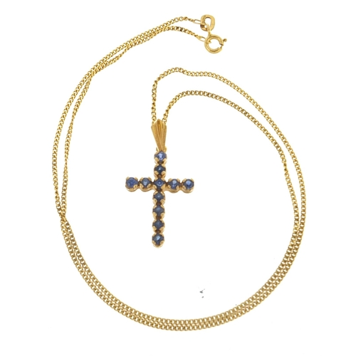 1700 - 9ct gold sapphire cross pendant on 9ct gold curb link necklace, 3.0cm high and 45cm in length