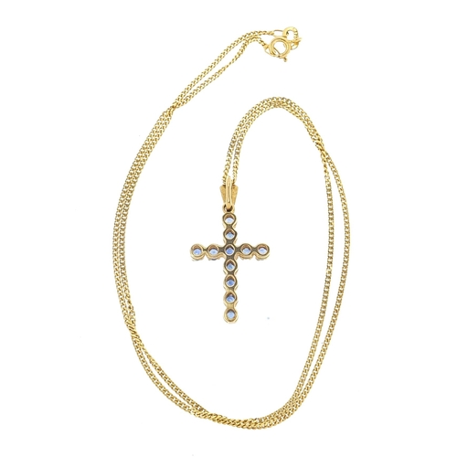 1700 - 9ct gold sapphire cross pendant on 9ct gold curb link necklace, 3.0cm high and 45cm in length