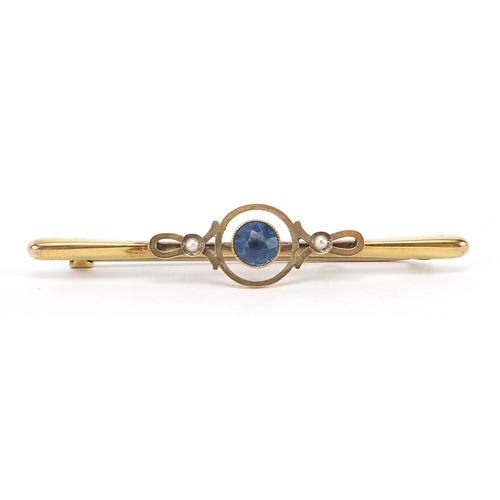 1745 - 9ct gold seed pearl and blue stone bar brooch housed in an H Samuel fitted box, 5.0cm wide, 2.1g