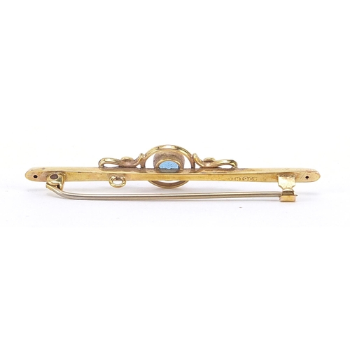 1745 - 9ct gold seed pearl and blue stone bar brooch housed in an H Samuel fitted box, 5.0cm wide, 2.1g