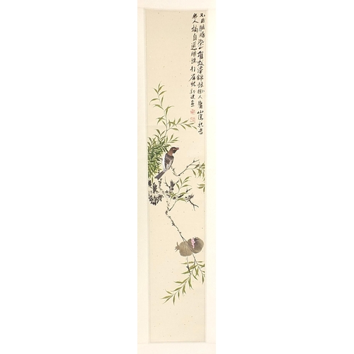 584 - Chinese wall hanging scroll hand painted with a bird of paradise amongst foliage, with calligraphy a... 