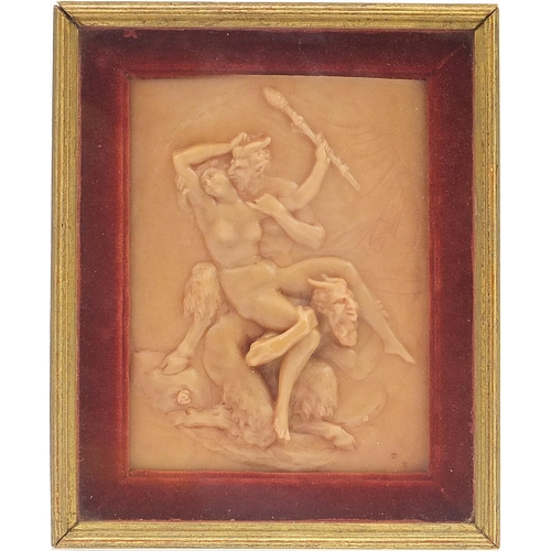 588 - After Claude Michel Clodion, Bacchanale Eroticism, rectangular wax panel, mounted, framed and glazed... 