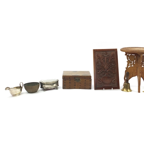 590 - Wooden and metalware including a Chinese box with hinged lid, Anglo Indian folding table, Chinese ja... 