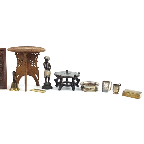 590 - Wooden and metalware including a Chinese box with hinged lid, Anglo Indian folding table, Chinese ja... 