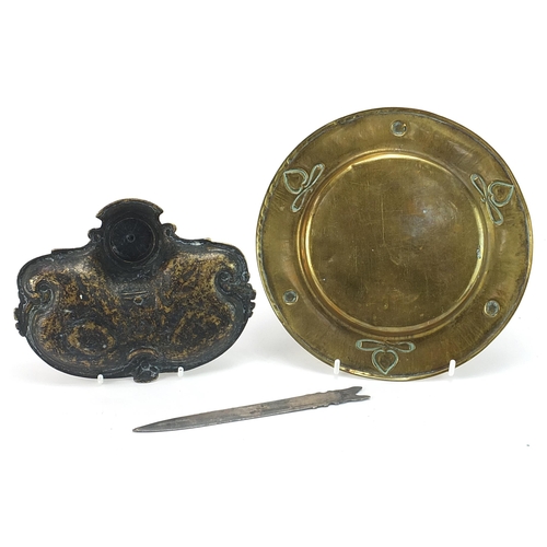 1175 - Decorative arts metalware including Art Nouveau inkwell and circular dish, the largest 20cm in diame... 